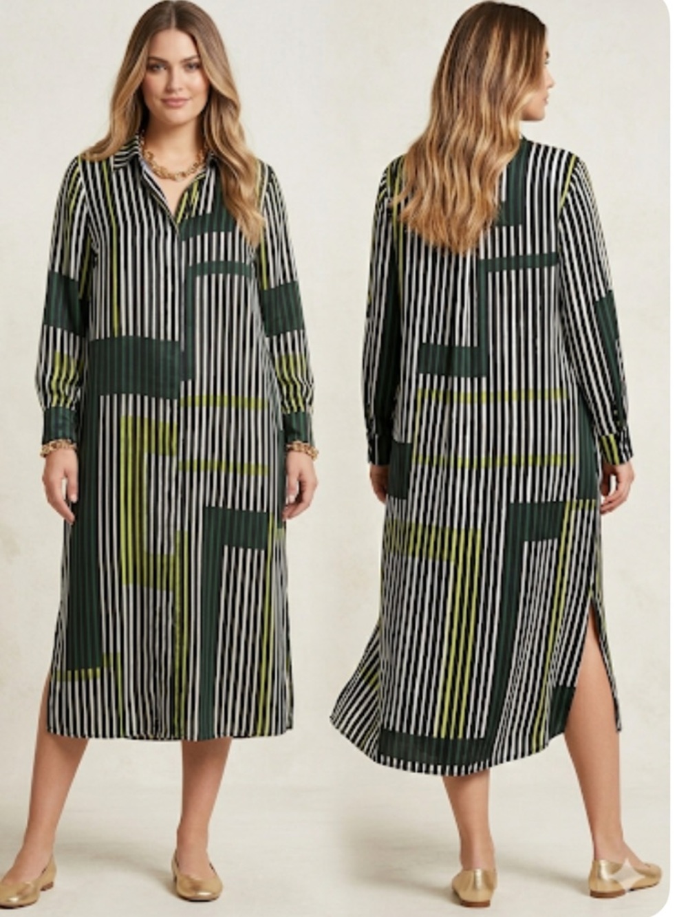 Marina Rinaldi Geometric Stripe Midi Shirt Dress Size US 16
